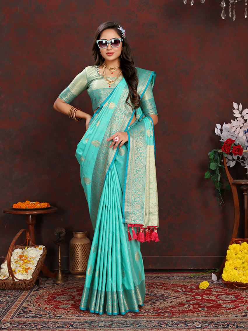 Lorenvalley Fashion Seagreen Soft Katan Silk Woven Design Zari Weaving Pallu Saree