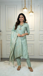 Lorenvalley Fashion Seagreen Roman Silk Hand Work Kurta Pant with Dupatta - Distacart