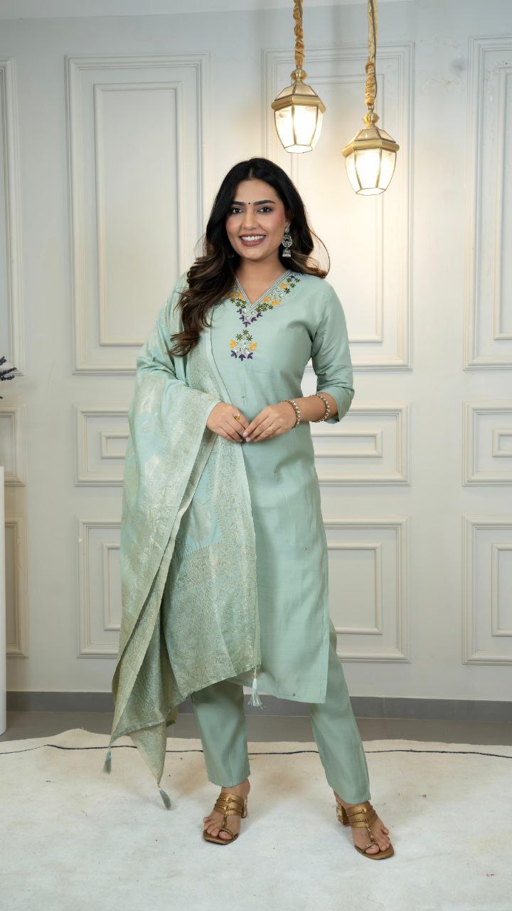 Lorenvalley Fashion Seagreen Roman Silk Hand Work Kurta Pant with Dupatta - Distacart