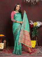 Lorenvalley Fashion Seagreen Soft Katan Silk Woven Design Zari Weaving Pallu Saree