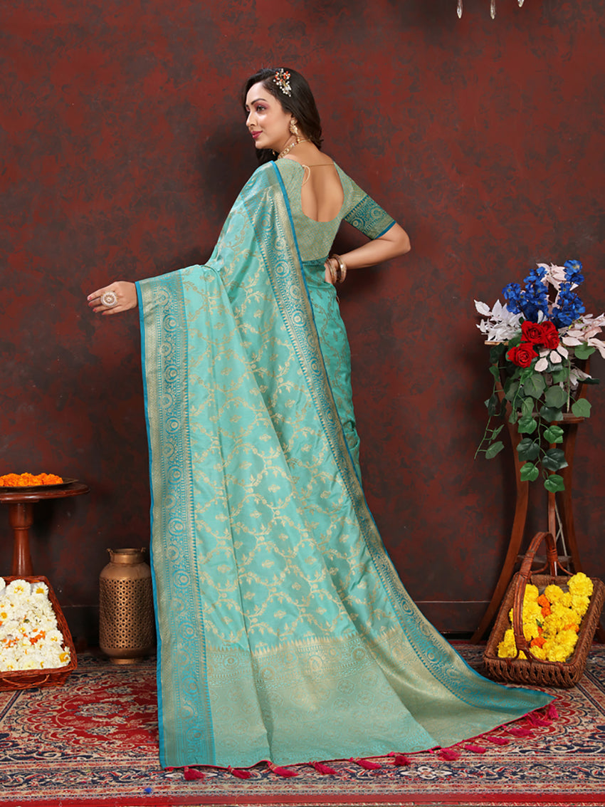 Lorenvalley Fashion Seagreen Soft Katan Silk Woven Design Zari Weaving Pallu Saree