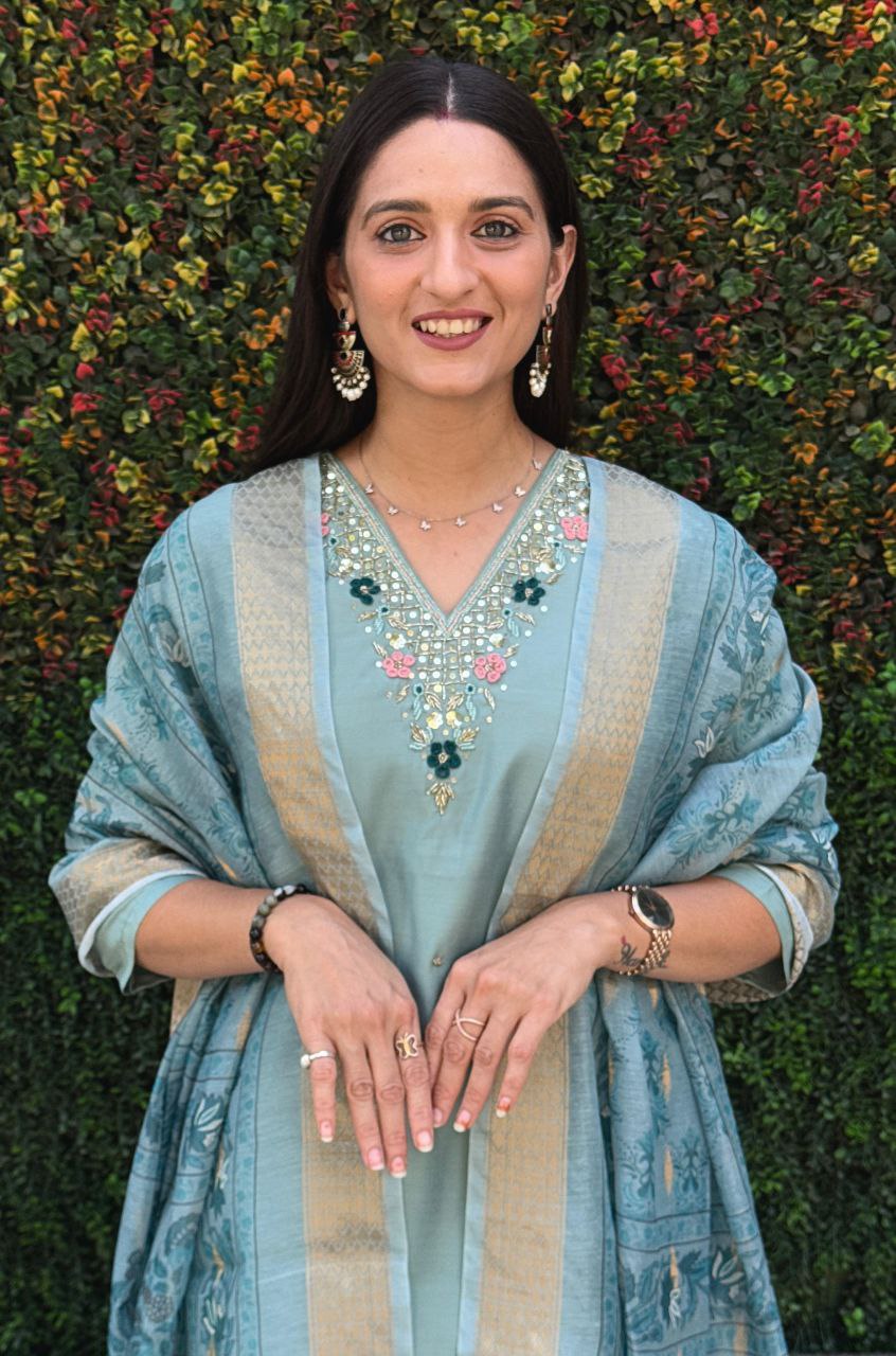 Lorenvalley Fashion Seagreen Roman Silk Hand Work Kurta Pant with Dupatta - Distacart