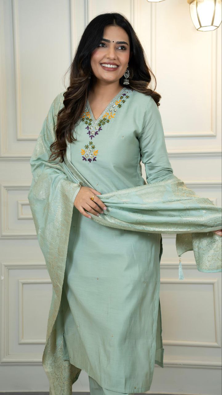Lorenvalley Fashion Seagreen Roman Silk Hand Work Kurta Pant with Dupatta - Distacart