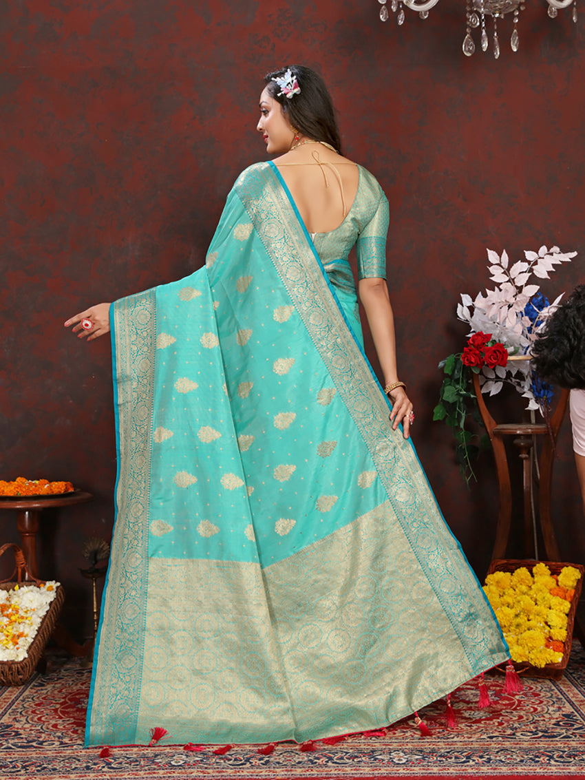 Lorenvalley Fashion Seagreen Soft Katan Silk Woven Design Zari Weaving Pallu Saree