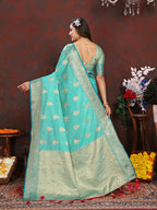 Lorenvalley Fashion Seagreen Soft Katan Silk Woven Design Zari Weaving Pallu Saree