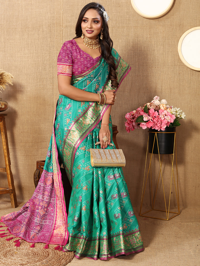 Lorenvalley Fashion Seagreen Patola Silk Woven Design with Zari Meenakari Weaving motifs Pallu Saree