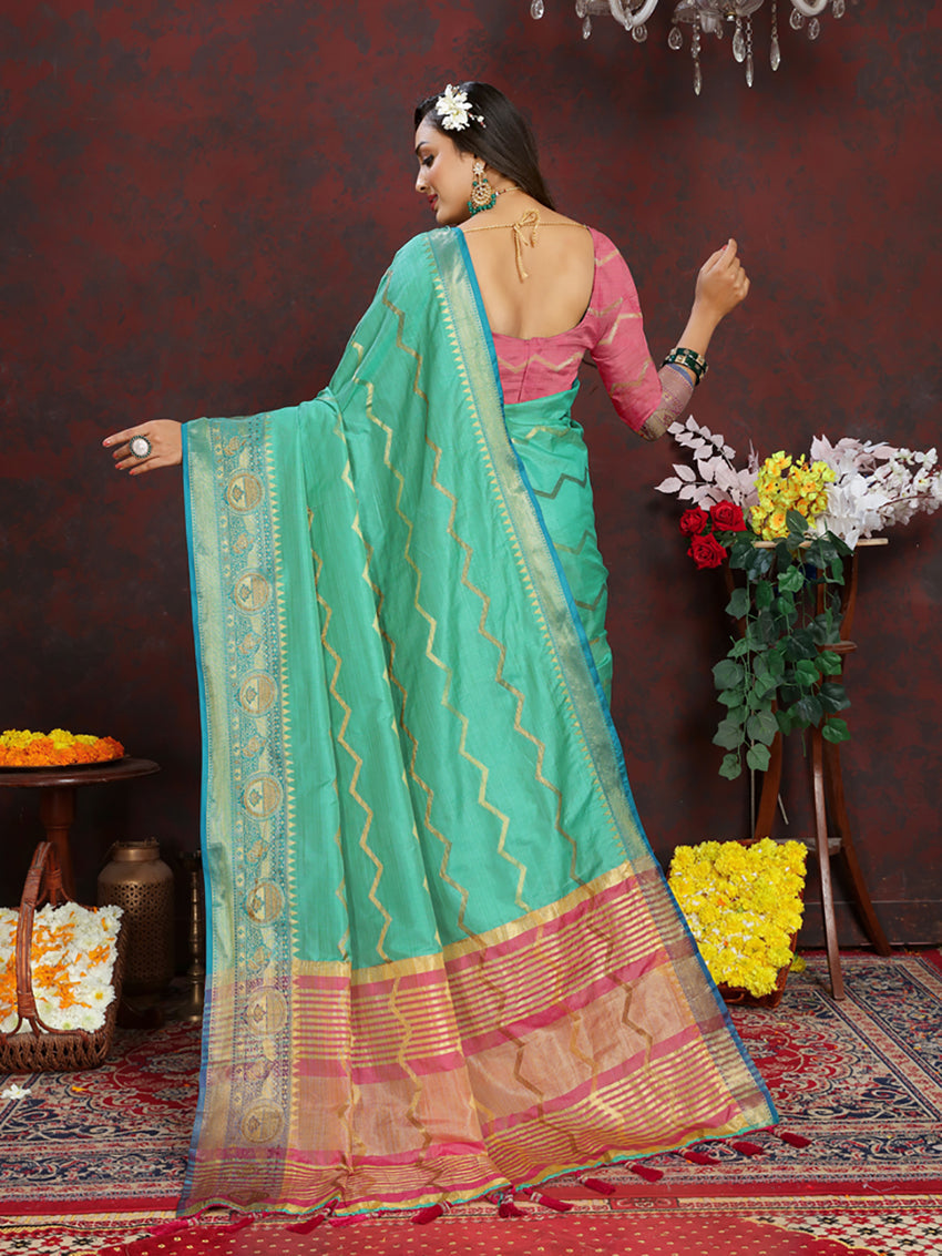 Lorenvalley Fashion Seagreen Soft Katan Silk Woven Design Zari Weaving Pallu Saree