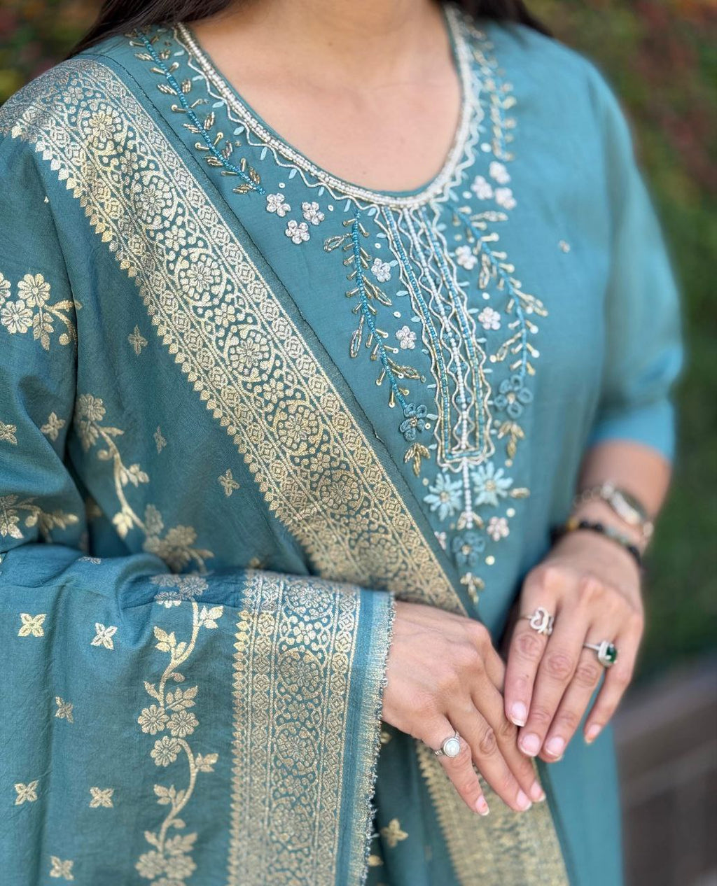 Lorenvalley Fashion Seagreen Roman Silk Hand Work Kurta Pant with Dupatta - Distacart