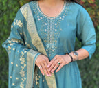 Lorenvalley Fashion Seagreen Roman Silk Hand Work Kurta Pant with Dupatta - Distacart
