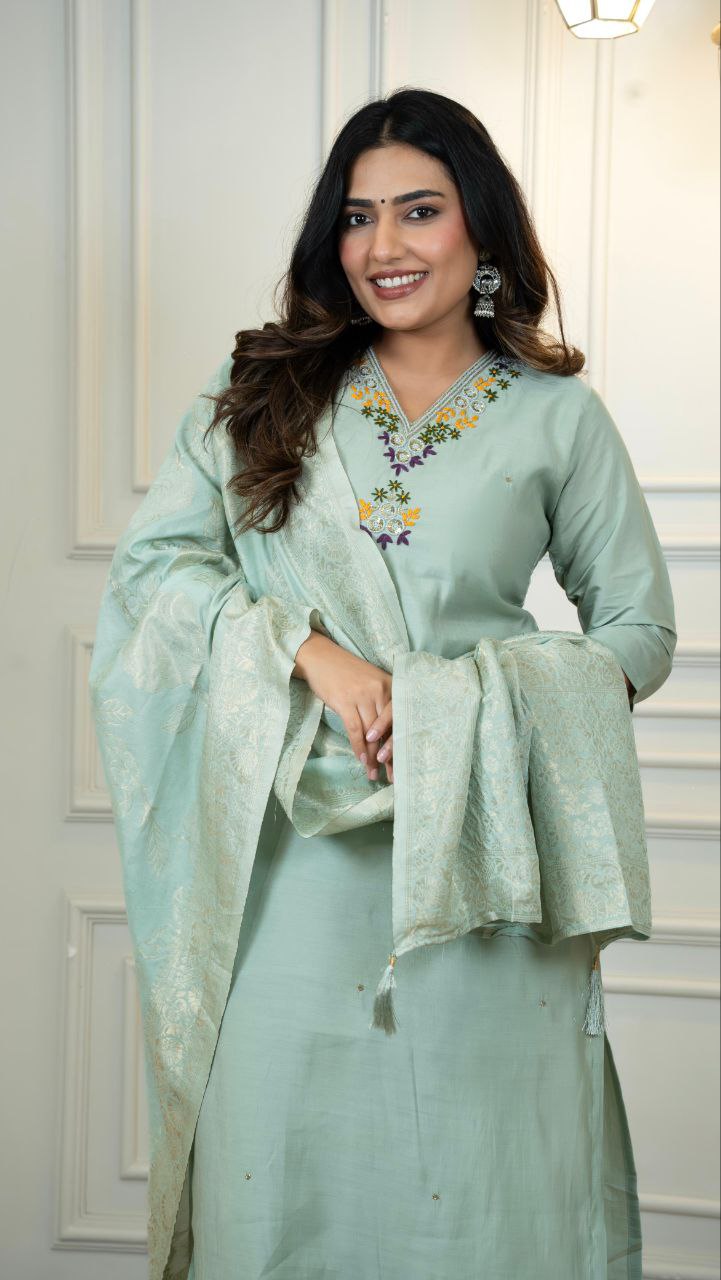 Lorenvalley Fashion Seagreen Roman Silk Hand Work Kurta Pant with Dupatta - Distacart