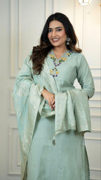 Lorenvalley Fashion Seagreen Roman Silk Hand Work Kurta Pant with Dupatta - Distacart