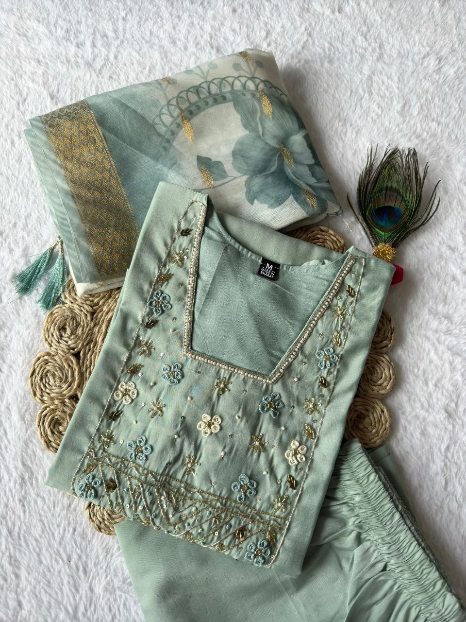 Lorenvalley Fashion Seagreen Roman Silk Hand Work Kurta Pant with Dupatta - Distacart