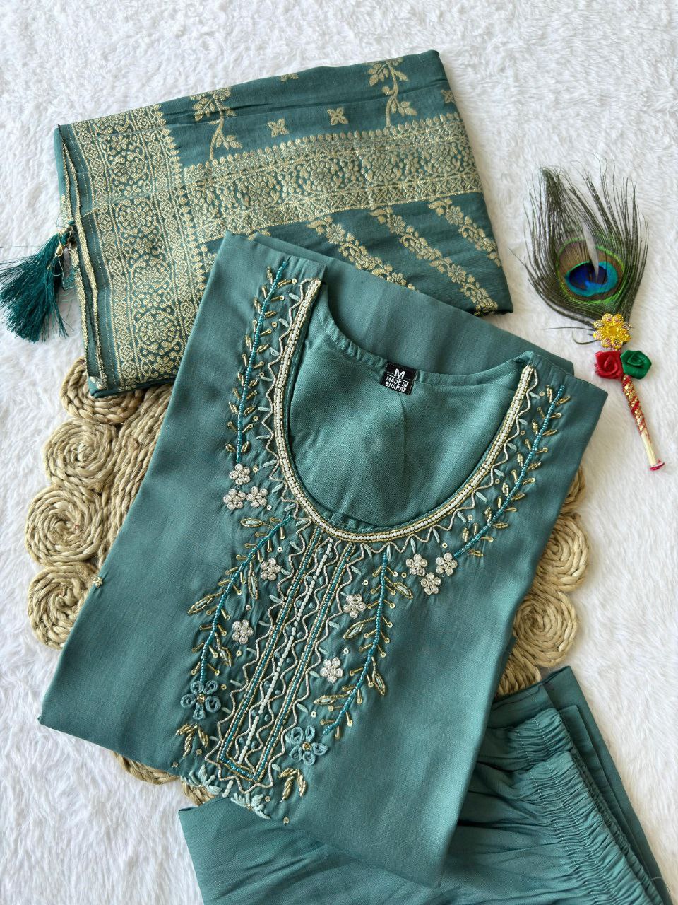 Lorenvalley Fashion Seagreen Roman Silk Hand Work Kurta Pant with Dupatta - Distacart