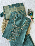Lorenvalley Fashion Seagreen Roman Silk Hand Work Kurta Pant with Dupatta - Distacart