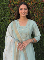 Lorenvalley Fashion Seagreen Roman Silk Hand Work Kurta Pant with Dupatta - Distacart