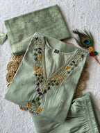 Lorenvalley Fashion Seagreen Roman Silk Hand Work Kurta Pant with Dupatta - Distacart