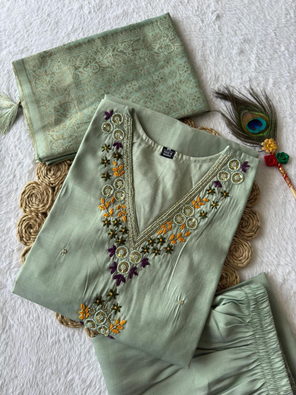 Lorenvalley Fashion Seagreen Roman Silk Hand Work Kurta Pant with Dupatta - Distacart