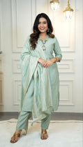 Lorenvalley Fashion Seagreen Roman Silk Hand Work Kurta Pant with Dupatta - Distacart