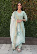 Lorenvalley Fashion Seagreen Roman Silk Hand Work Kurta Pant with Dupatta - Distacart