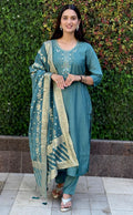 Lorenvalley Fashion Seagreen Roman Silk Hand Work Kurta Pant with Dupatta - Distacart