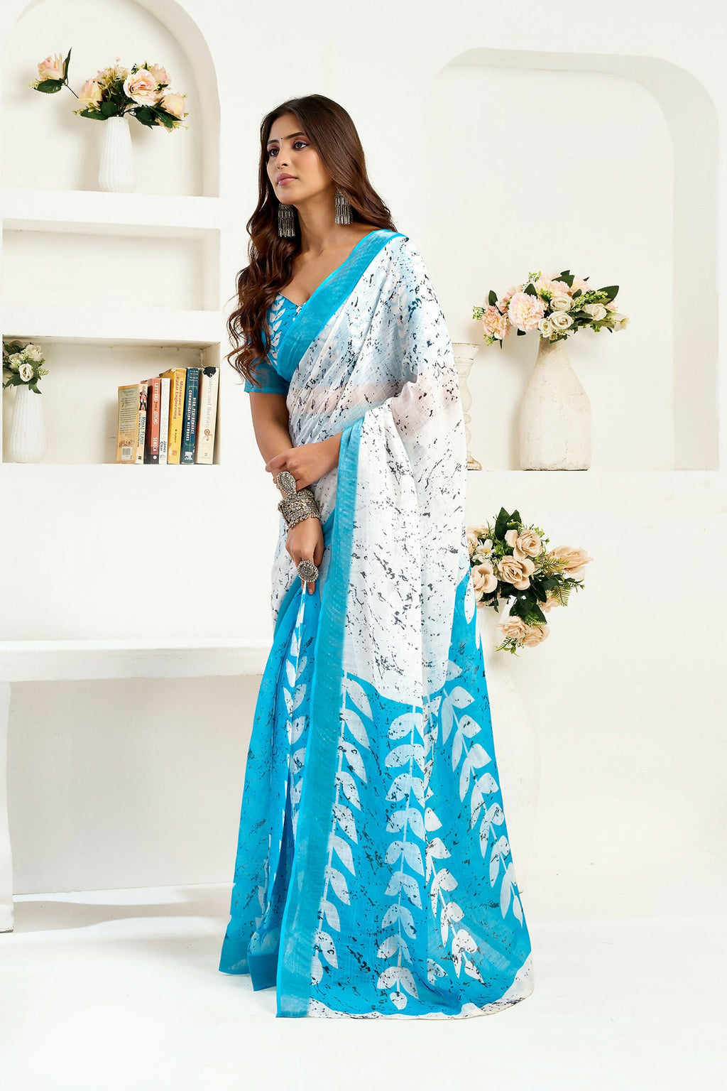 Joban Fashion White Leaf Linen Ready To Wear Saree With Unstitched Blouse - Distacart