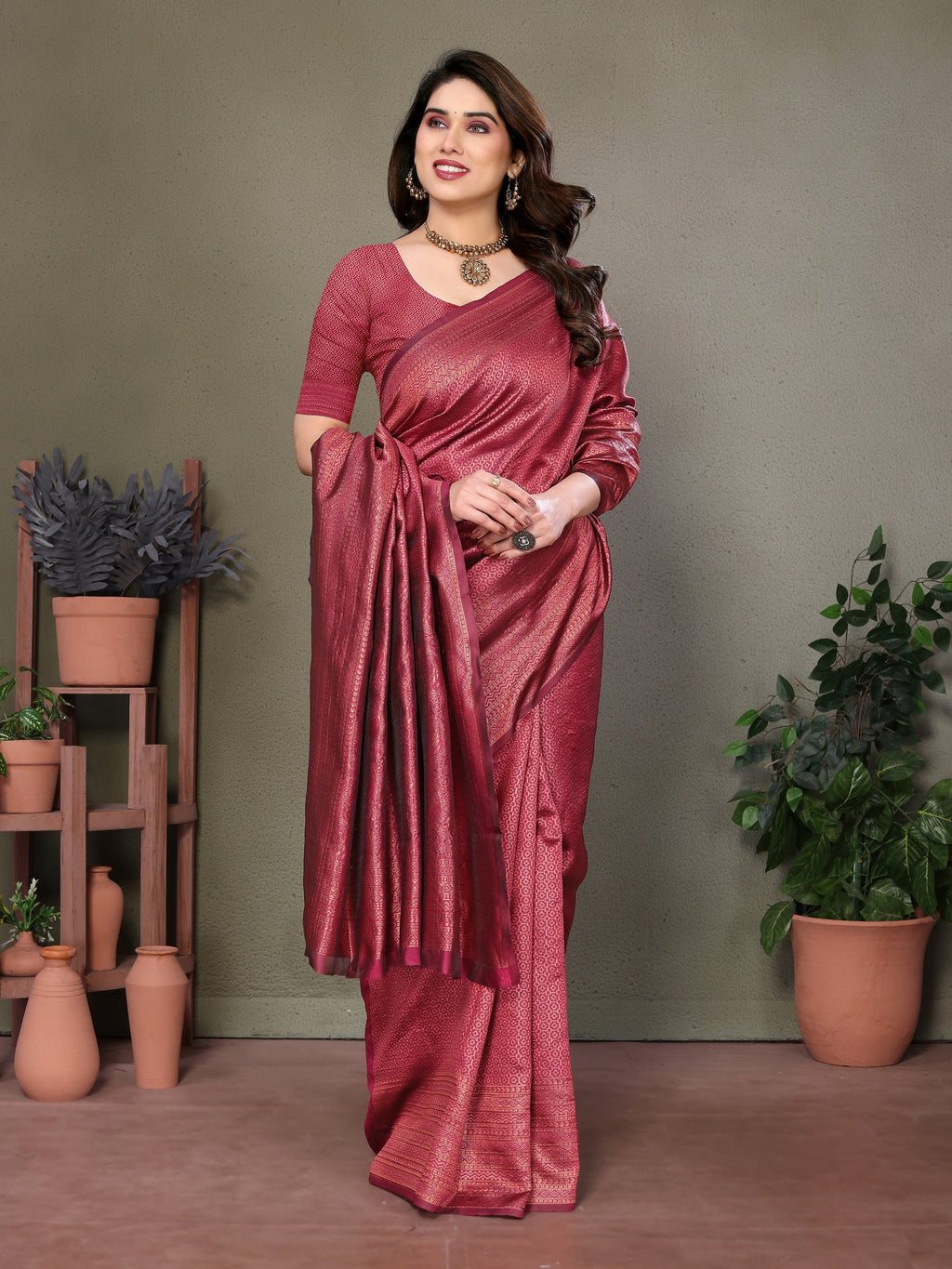 Vedant Vastram Litchi Silk Banarasi Silk Saree - Maroon - Distacart