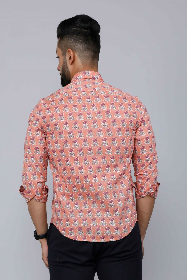 Miravan Men's Peach Spread Collar Floral Print Casual Shirt