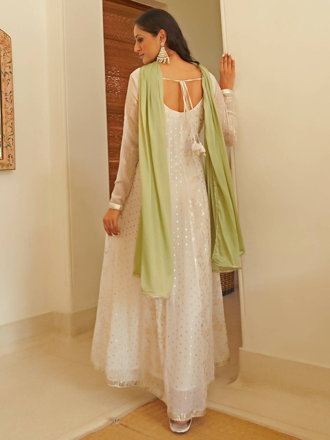 Janasya Women's White Chiffon Lurex Foil Printed Festive Anarkali Kurta Set