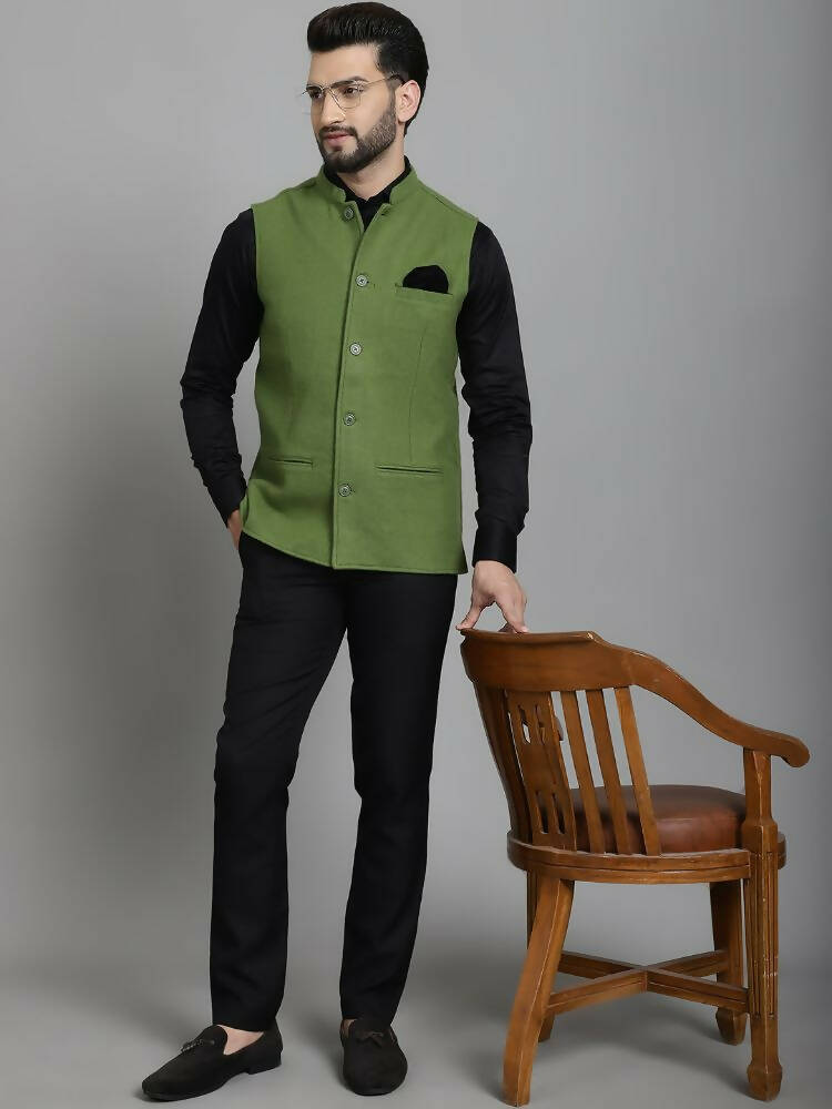 Even Apparels Nehru Jacket With Welt Pockets - Olive