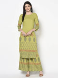 Aniyah Rayon Parrot Green Color Block Print Straight Kurta Palazzo Set (AN-197K)