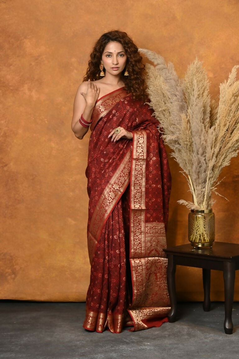 Very Much Indian Modal Silk Ajrakh Handblock Printed Natural Dyes With Designer Border Saree - Red