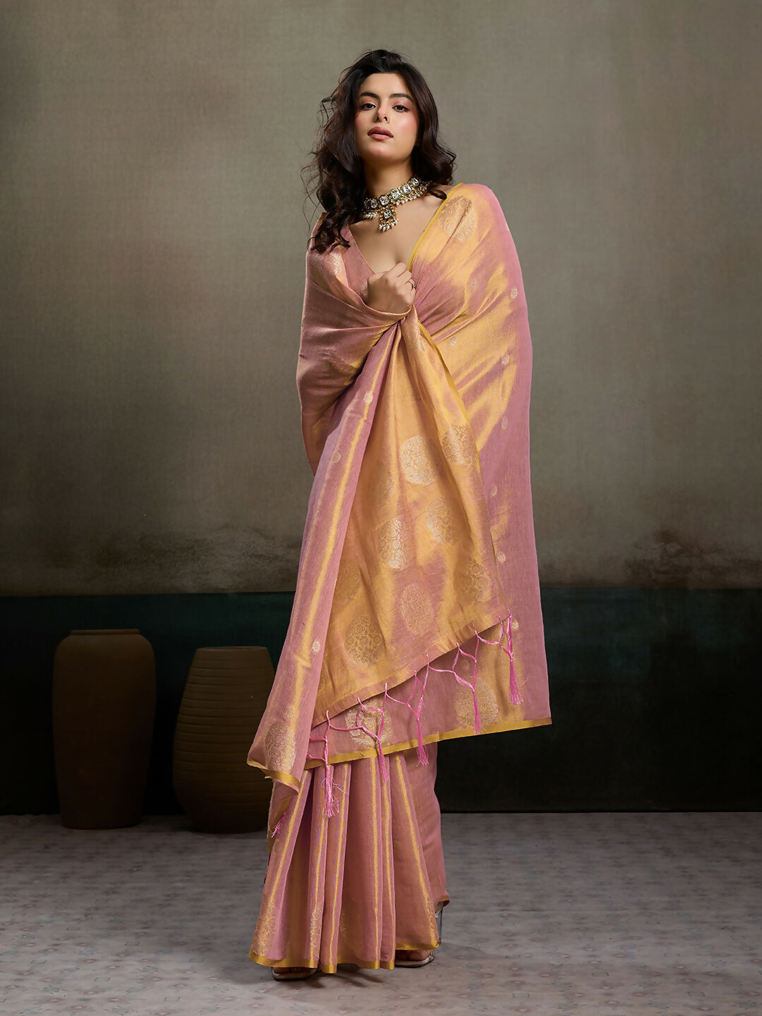 Shree Shyam Fashion Light Pink Tissue Silk Saree - Distacart