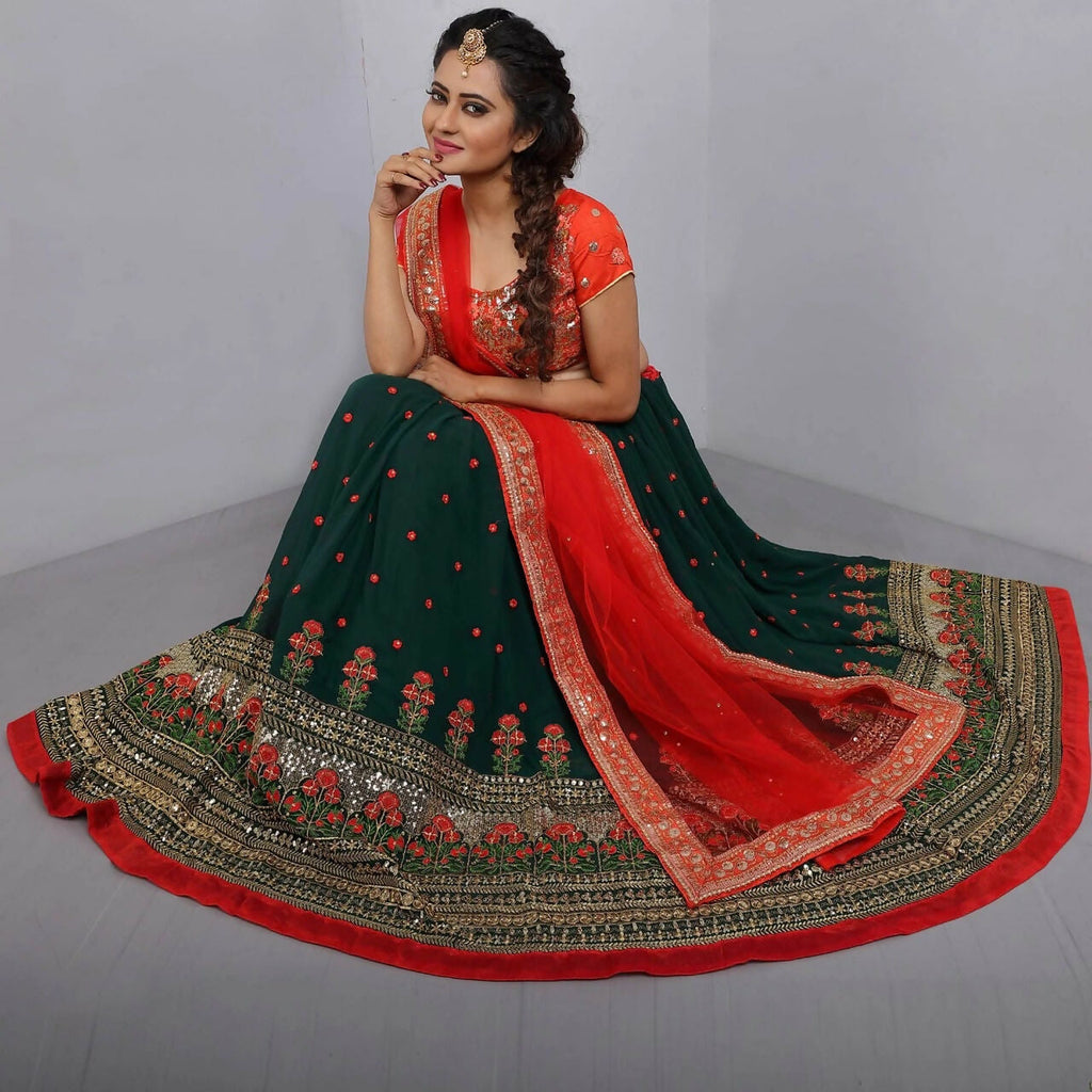 Jyoti Fashion Red & Bottle Green Thread & 3mm Sequence Embroidery Georgette Lehenga Choli with Dupatta