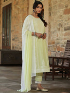 Juniper Women's Lime Green Cambric Floral Print Kurta Straight Pant And Duptta Sets - Distacart