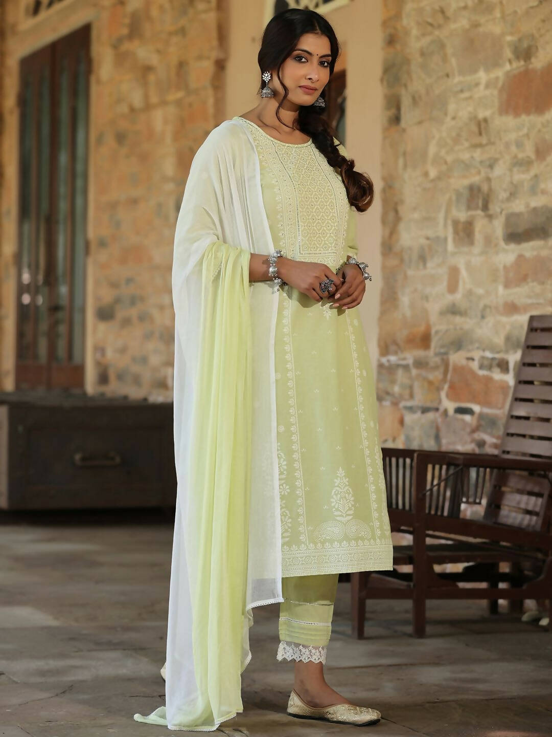 Juniper Women's Lime Green Cambric Floral Print Kurta Straight Pant And Duptta Sets - Distacart