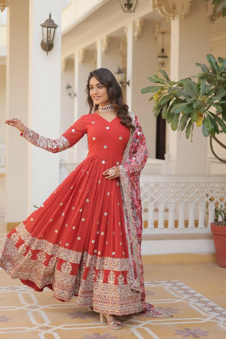 Jyoti Fashion Women's Orange Faux Georgette Sequins Zari Embroideredy Anarkali Dress with Dupatta