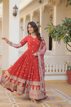 Jyoti Fashion Women's Orange Faux Georgette Sequins Zari Embroideredy Anarkali Dress with Dupatta