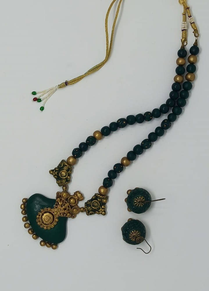 Terracotta Dark Green Crown Pendant Long Necklace Set Paired with Hanging Temple Jhumkas