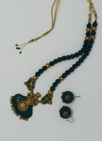 Terracotta Dark Green Crown Pendant Long Necklace Set Paired with Hanging Temple Jhumkas
