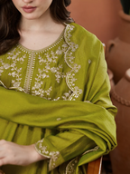 The52 Light Green Women's Beautiful Vichitra Silk Fabric Embroidered Work Flared Anarkali Pant and Dupatta Set - Distacart