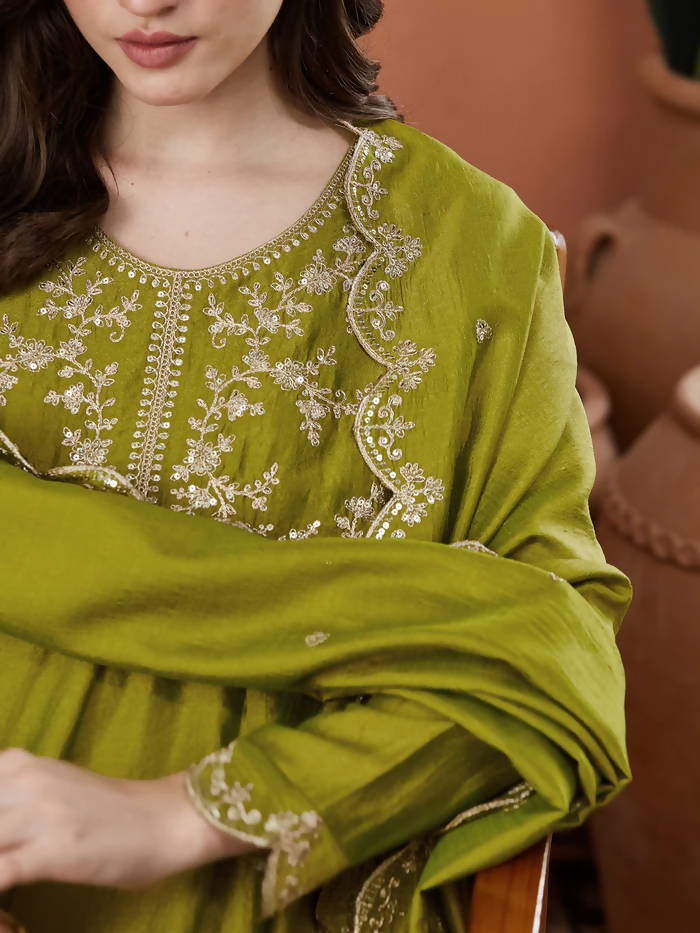 The52 Light Green Women's Beautiful Vichitra Silk Fabric Embroidered Work Flared Anarkali Pant and Dupatta Set - Distacart