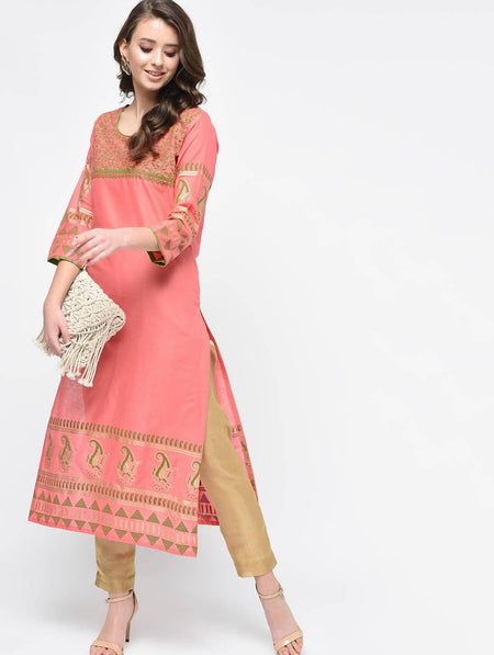 Cheera Hand Block Print Baby Pink Straight Kurta