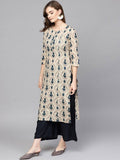 Yufta Women Beige & Blue Printed Kurta with Palazzo