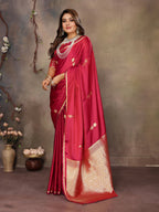 Joban Fashion Red Floral & Botanical Motifs Satin Silk Banarasi Silk Saree - Distacart