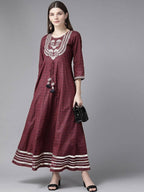 Yufta Women Maroon Geometric Printed Bell Sleeves Mirror Work Cotton Kurta