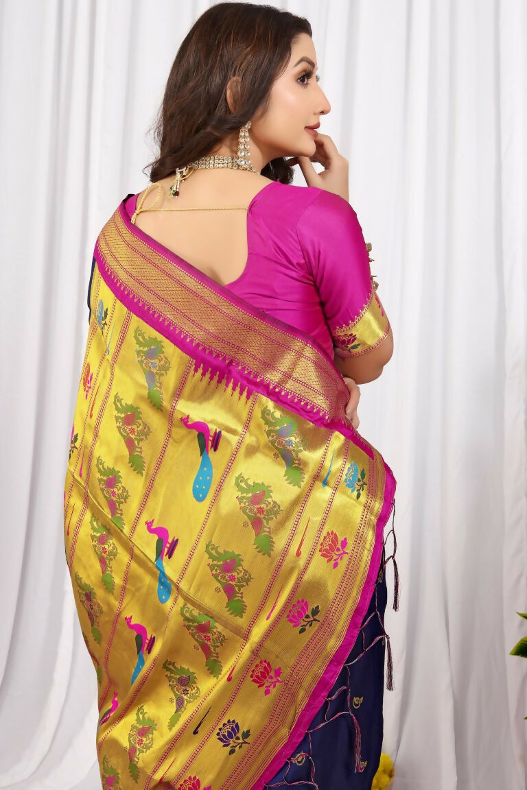 Jyoti Fashion Women's Navy Blue Paithani Silk Zari Woven Saree with Blouse