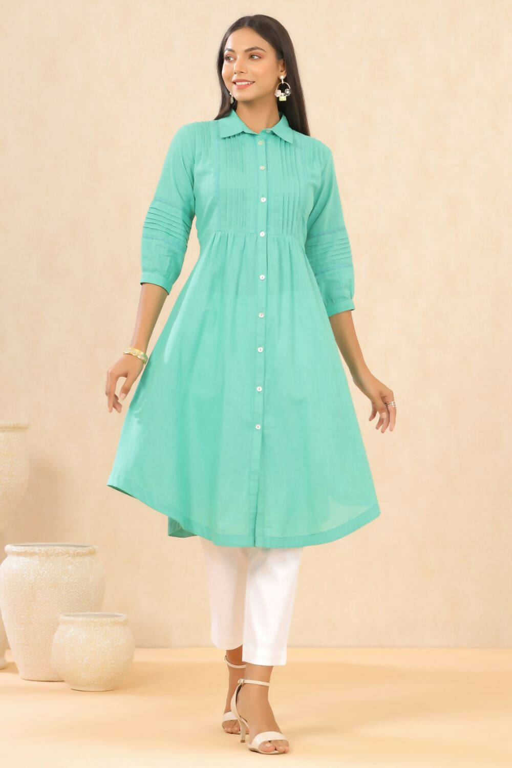 Juniper Womens Blush Turquoise Cotton Slub Solid Mid Length Shirt Dress With Lace Detailing - Distacart