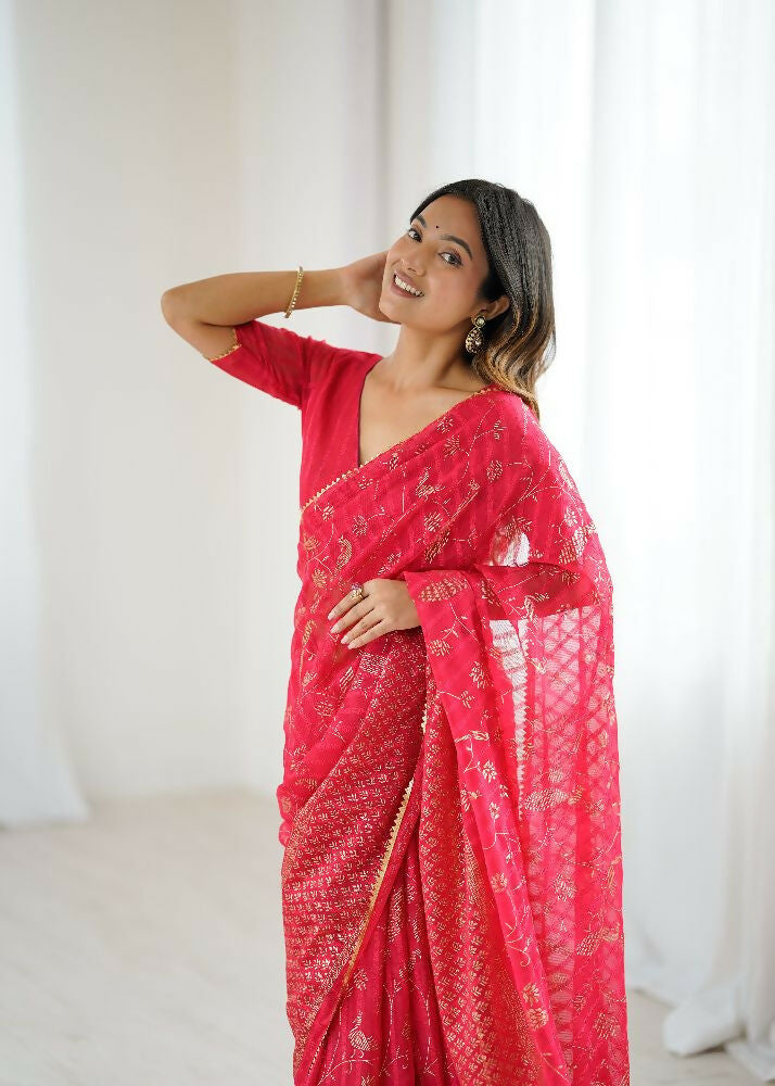 PR Fashion Red Georgette Patta Plain With Foil Work And Small Lace And Zalar Lace Saree