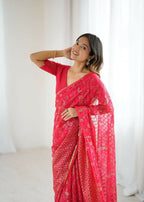 PR Fashion Red Georgette Patta Plain With Foil Work And Small Lace And Zalar Lace Saree