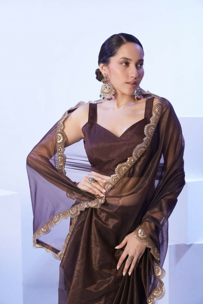 Brown C/H Net Solid Designer & Lace Work Saree - Samaa